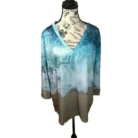 Womens XL Blue White Brown Water Color Beachy Blouse Unbranded 3/4 Sleeves - Picture 1 of 5